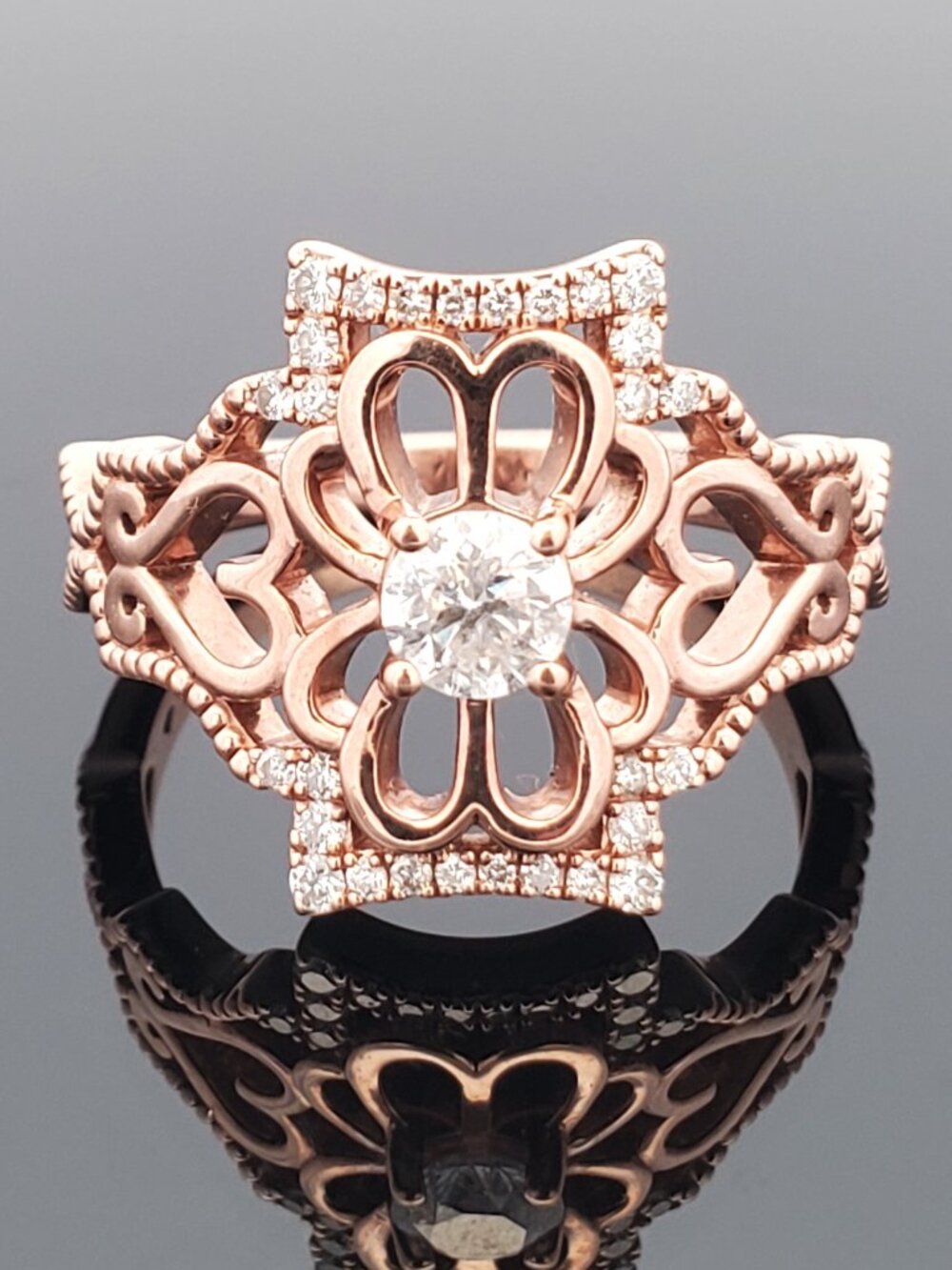 10K Rose Gold Diamond Flower Ring 0.65 CTW Round Diamonds Floral Filigree SZ 10 - Picture 1 of 16